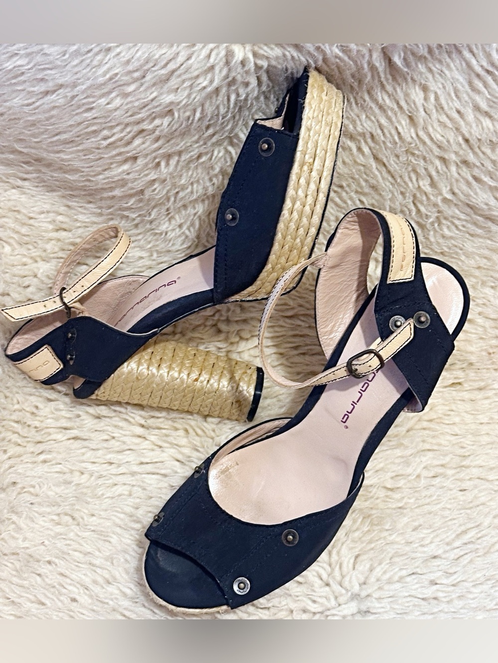 Women’s Black and Natural Espadrille Wedge Sandals with Ankle Strap
